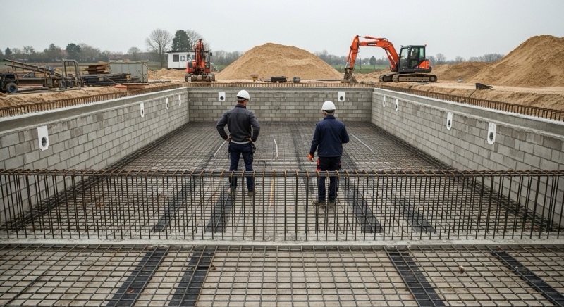 Chantier de piscine béton : fosse terrassée, ferraillage et murs en blocs, deux maçons sur place