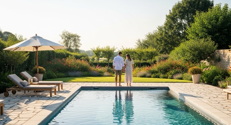 Couple au bord de sa nouvelle piscine, terrasse en pierre naturelle et jardin fleuri en fin d'été