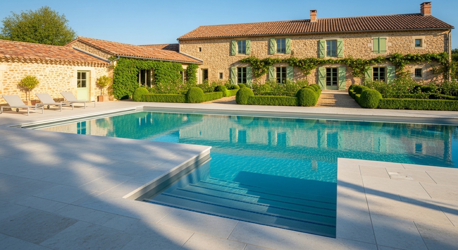 Piscine sur mesure à margelles de pierre devant une longère en pierre, au petit matin