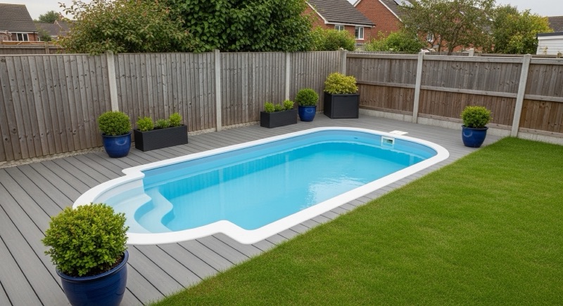 Piscine coque polyester monobloc installée dans un petit jardin clos avec terrasse composite