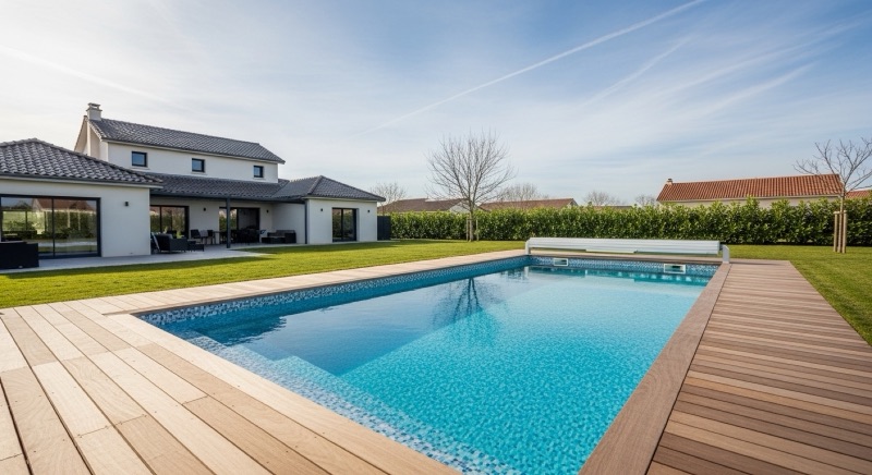 Piscine enterrée rectangulaire avec terrasse en bois — exemple de réalisation près de Mirebeau